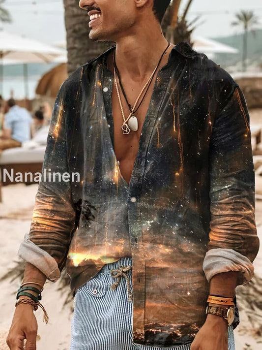 Men’s Boho Style Meteor Print Art Casual Cotton Shirt Colorful / S