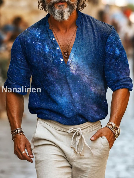 Men`s Boho Style Milky Way Print Cotton Casual Long Sleeve Shirt Blue / S