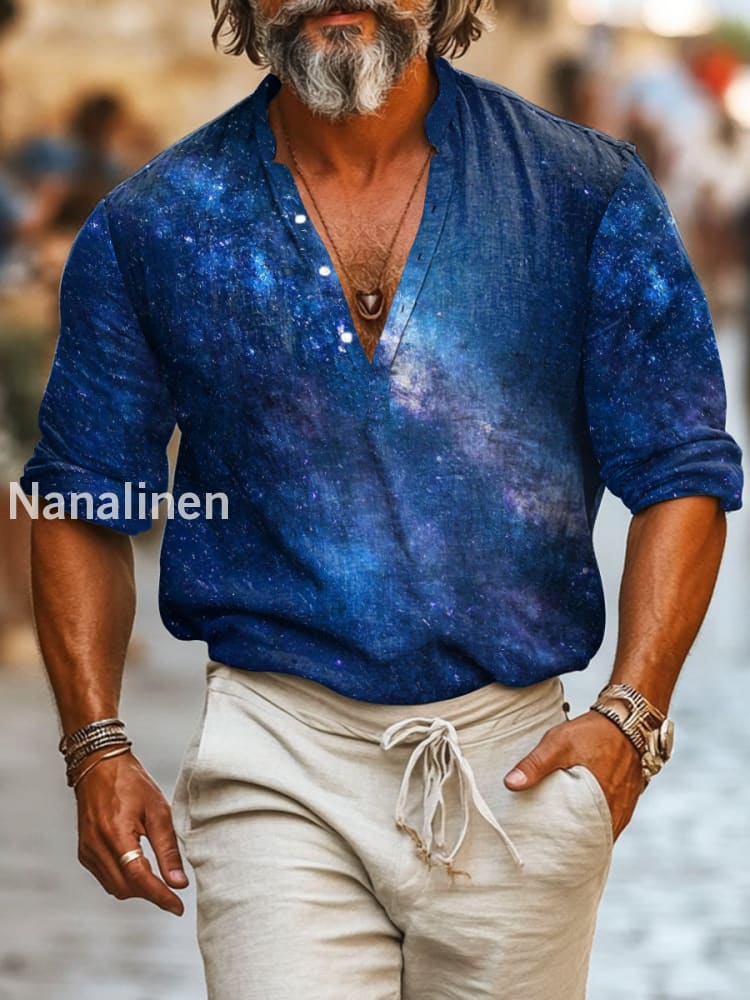 Men`s Boho Style Milky Way Print Cotton Casual Long Sleeve Shirt Blue / S