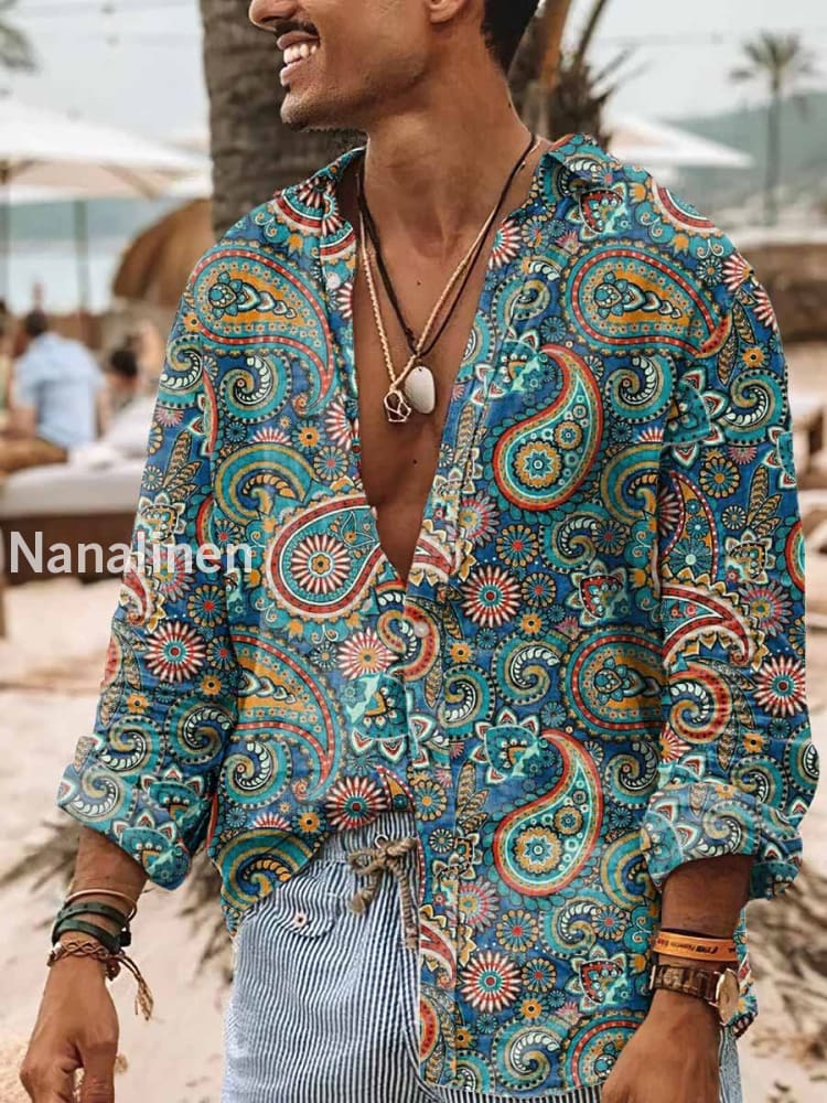 Men’s Boho Style Paley Pattern Print Art Casual Cotton Shirt Colorful / S