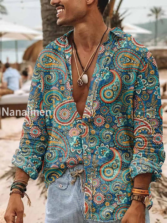 Men’s Boho Style Paley Pattern Print Art Casual Cotton Shirt Colorful / S