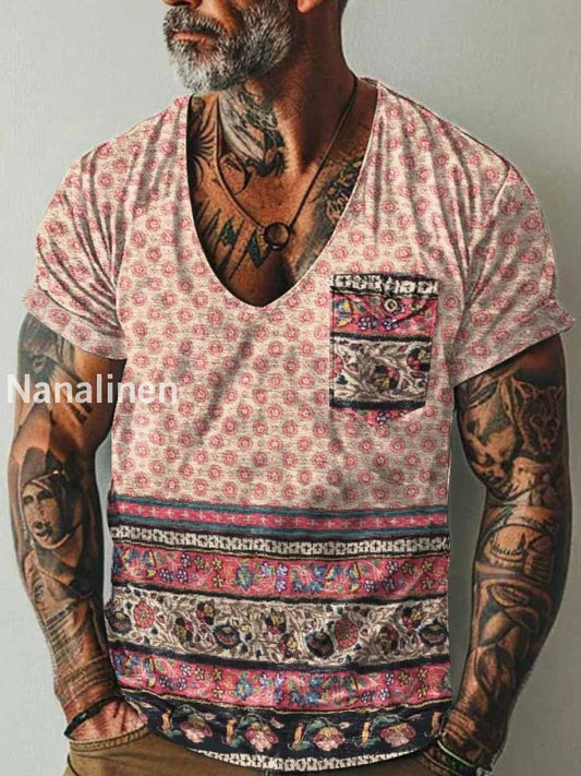 Men`s Boho Style Pattern Art Print Pocket Casual Short Sleeves T-Shirt Colorful / S