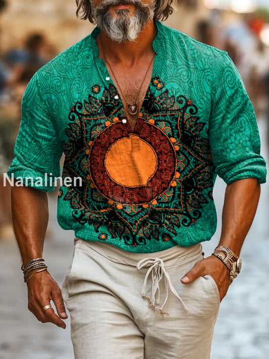 Men`s Boho Style Pattern Print Cotton Casual Long Sleeve Shirt Colorful / S