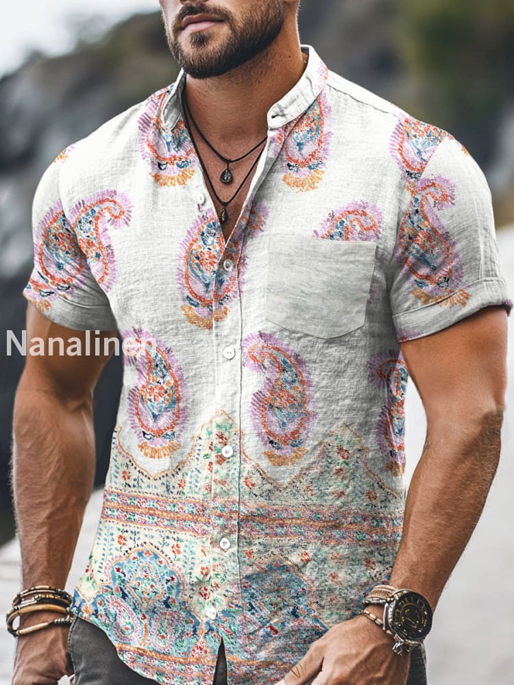 Men`s Boho Style Pattern Print Cotton Casual Short Sleeve Shirt Colorful / S