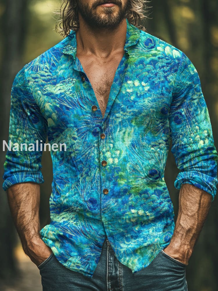 Men’s Boho Style Peacock Feathers Print Art Casual Cotton Shirt Colorful / S
