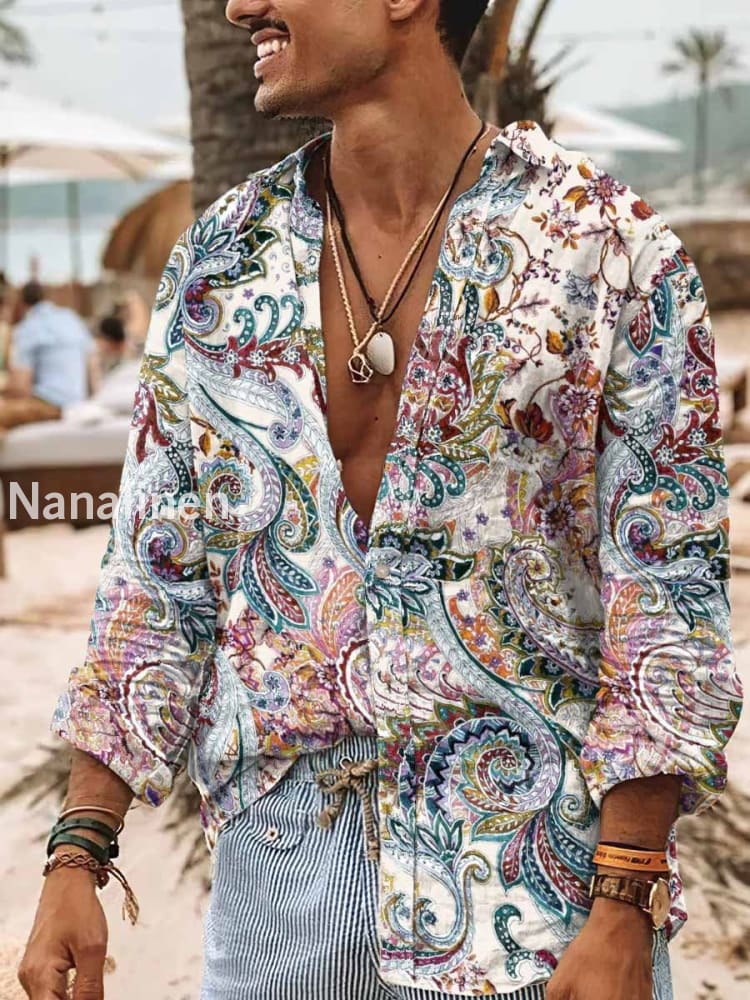 Men’s Boho Style Perlis Floral Print Art Casual Cotton Shirt Colorful / S