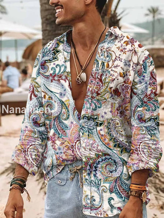 Men’s Boho Style Perlis Floral Print Art Casual Cotton Shirt Colorful / S