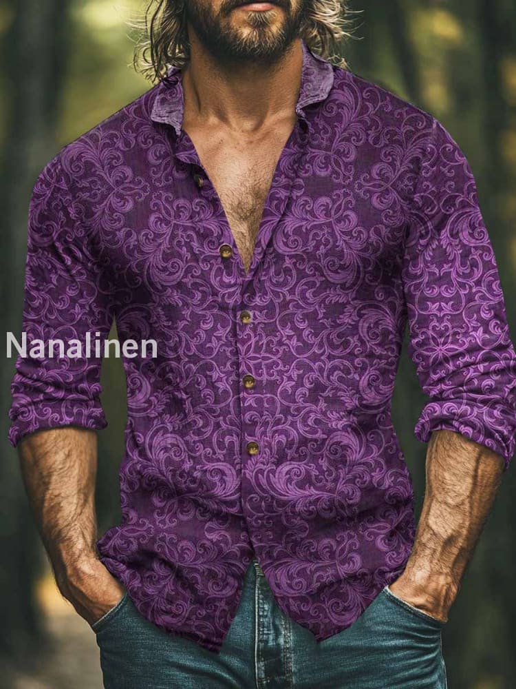 Men’s Boho Style Perlis Floral Print Art Casual Cotton Shirt Purple / S