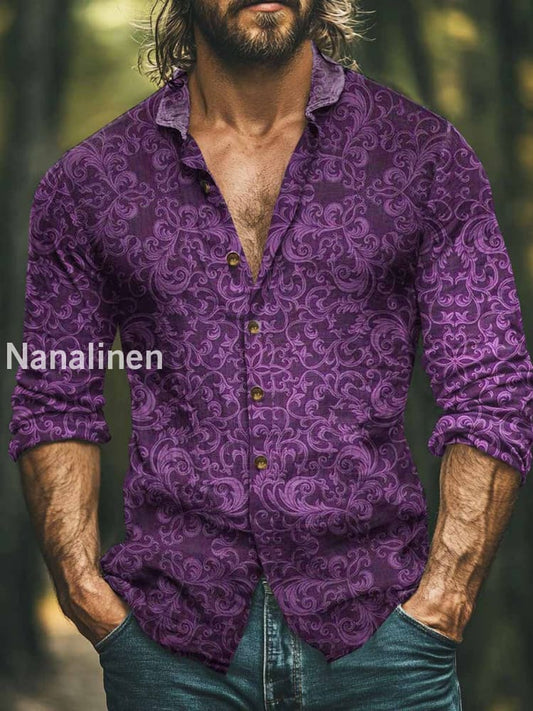 Men’s Boho Style Perlis Floral Print Art Casual Cotton Shirt Purple / S