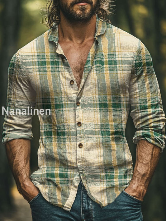 Men’s Boho Style Plaid Print Art Casual Cotton Shirt Colorful / S