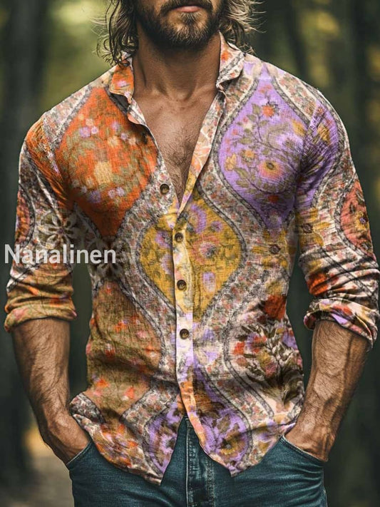 Men’s Boho Style Retro Pattern Print Art Casual Cotton Shirt Colorful / S