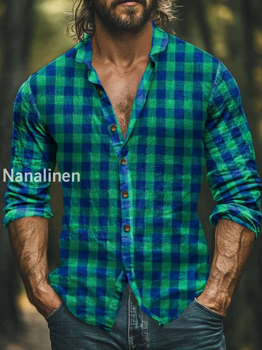 Men’s Boho Style Scottish Tartan Print Art Casual Cotton Shirt Colorful / S