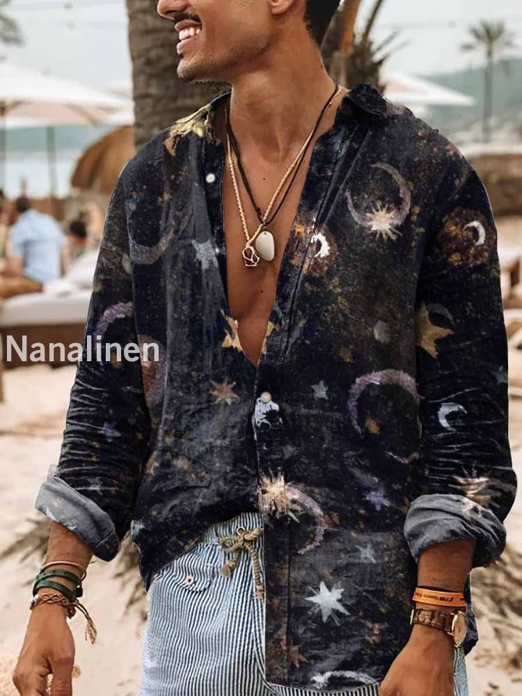 Men’s Boho Style Star And Moon Print Art Casual Cotton Shirt Black / S
