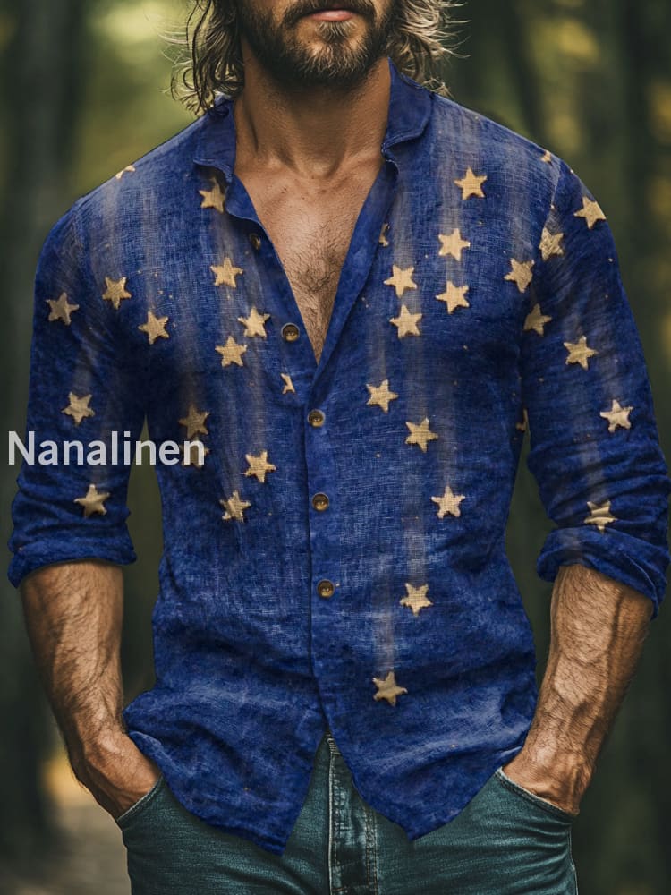 Men’s Boho Style Stars Print Art Casual Cotton Shirt Colorful / S