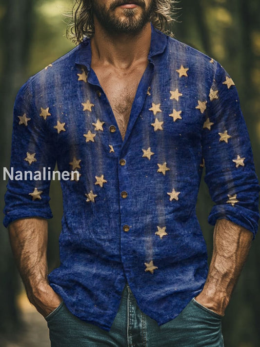 Men’s Boho Style Stars Print Art Casual Cotton Shirt Colorful / S