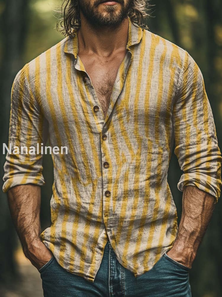 Men’s Boho Style Stipes Print Art Casual Cotton Shirt Colorful / S