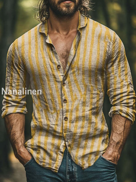 Men’s Boho Style Stipes Print Art Casual Cotton Shirt Colorful / S