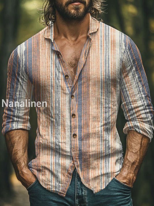 Men’s Boho Style Stripes Print Art Casual Cotton Shirt Colorful / S