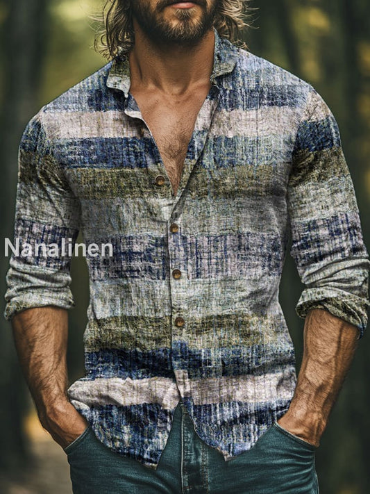 Men’s Boho Style Stripes Print Art Casual Cotton Shirt Colorful / S