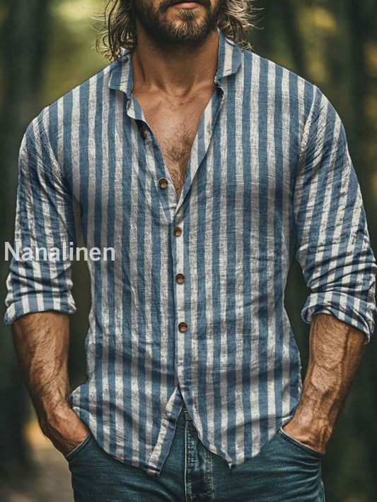 Men’s Boho Style Stripes Print Art Casual Cotton Shirt Colorful / S