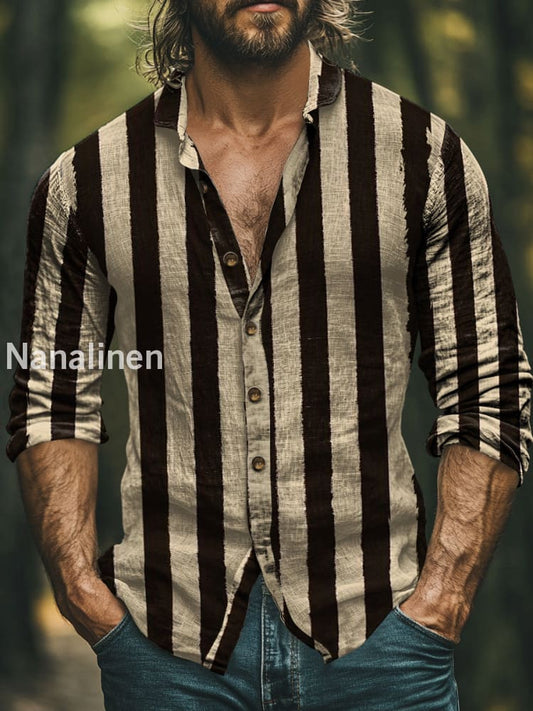 Men’s Boho Style Stripes Print Art Casual Cotton Shirt Colorful / S