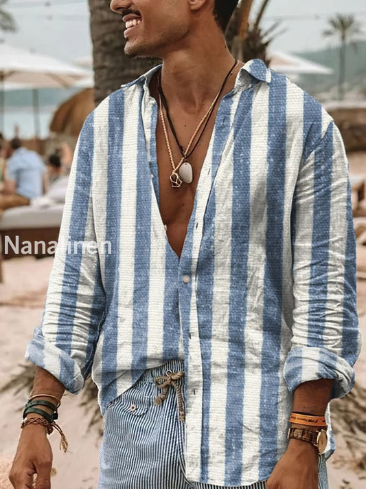 Men’s Boho Style Stripes Print Art Casual Cotton Shirt Colorful / S