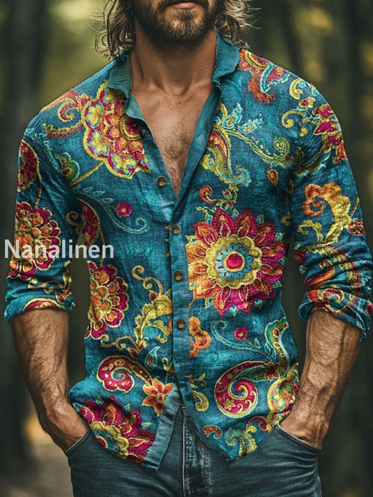 Men’s Boho Style Sunflowers Print Art Casual Cotton Shirt Colorful / S