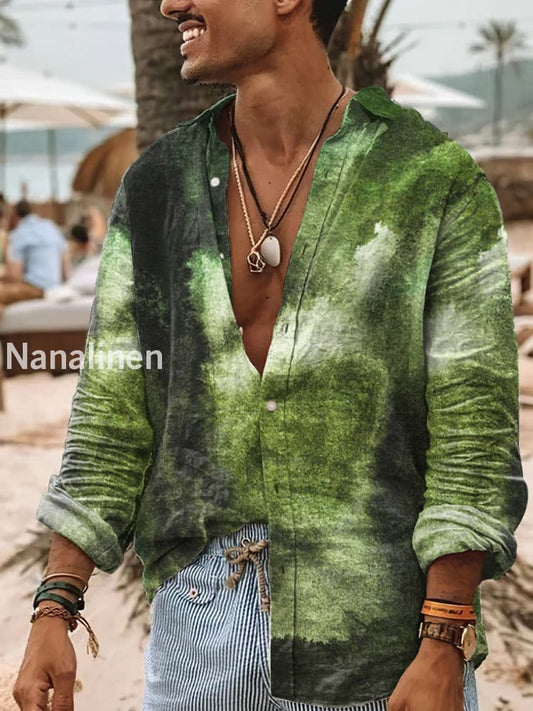 Men’s Boho Style Tie-Dye Print Art Casual Cotton Shirt Green / S