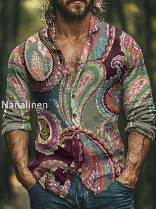 Men’s Boho Style Vintage Print Art Casual Cotton Shirt Colorful / S