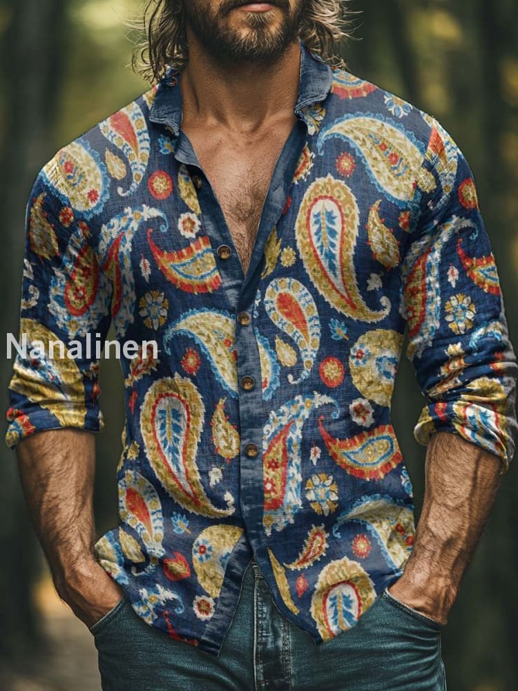 Men’s Boho Style Vintage Print Art Casual Cotton Shirt Colorful / S