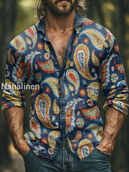 Men’s Boho Style Vintage Print Art Casual Cotton Shirt Colorful / S
