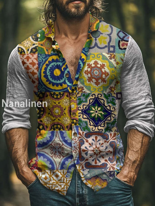 Men’s Boho Style Vintage Print Art Casual Cotton Shirt Colorful / S