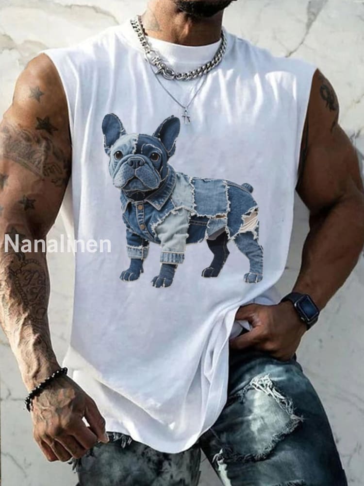 Men’s Bulldog Pattern Patchwork Art Tank Top White / S