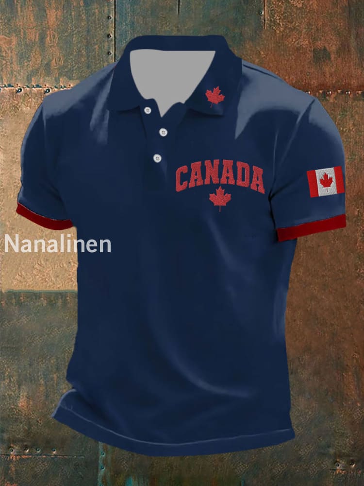 Men’s Canada Print Button T-Shirt Dark Blue / S