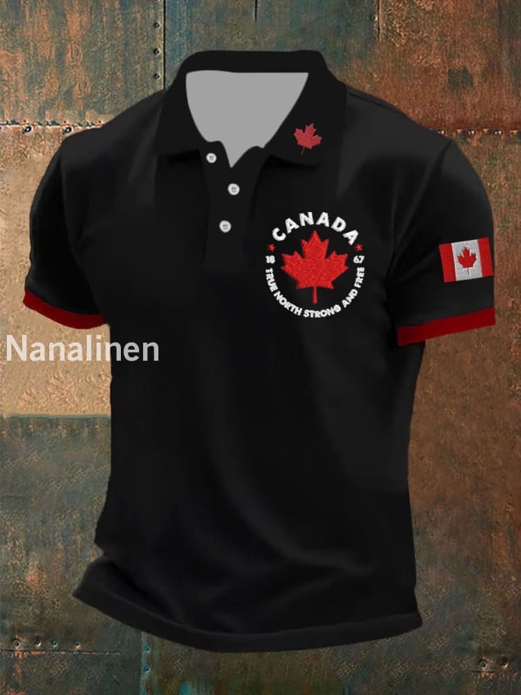 Men’s Canada True North Strong And Free Print Button T-Shirt Black / S