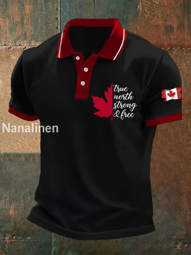 Men’s Canada True North Strong And Free Print Button T-Shirt Black / S