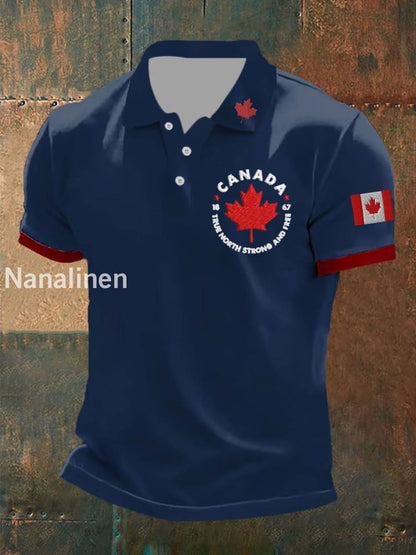 Men’s Canada True North Strong And Free Print Button T-Shirt Dark Blue / S
