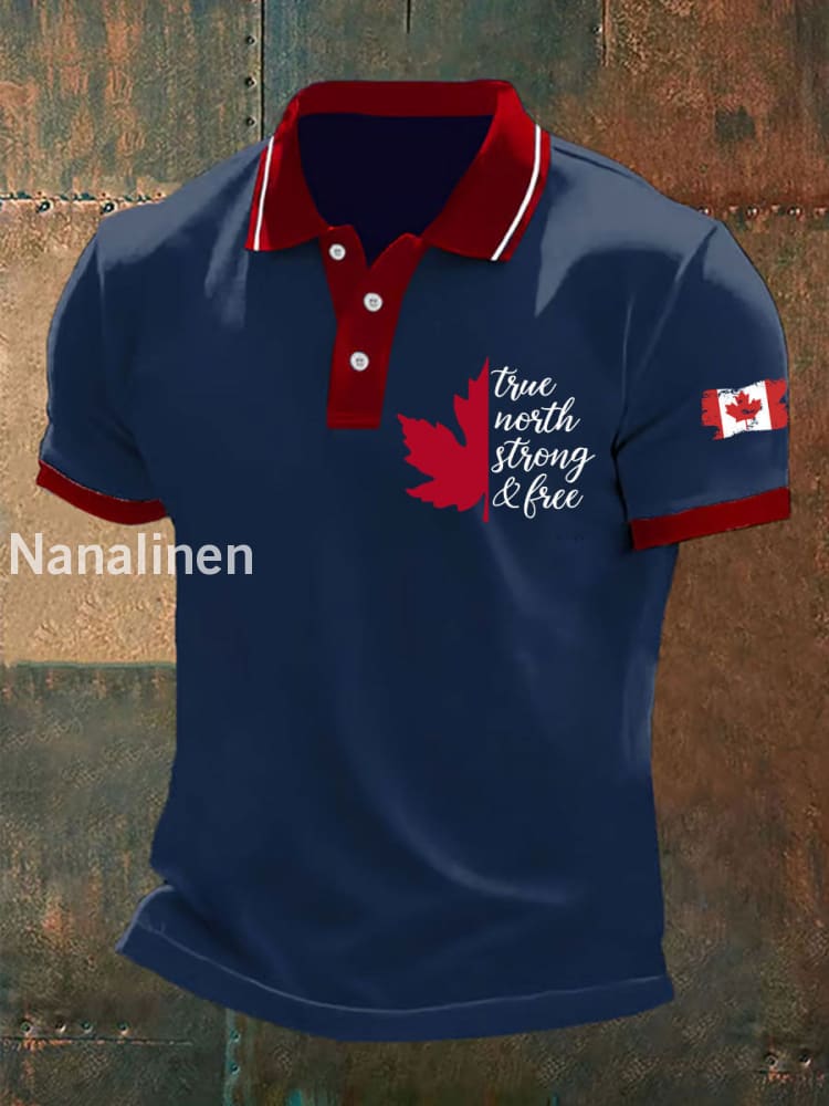 Men’s Canada True North Strong And Free Print Button T-Shirt Dark Blue / S