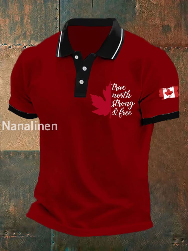 Men’s Canada True North Strong And Free Print Button T-Shirt Red / S