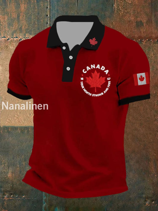 Men’s Canada True North Strong And Free Print Button T-Shirt Red / S
