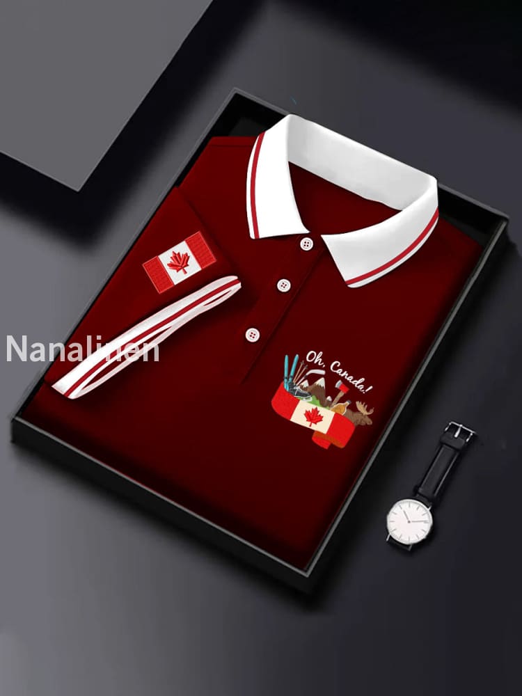 Men’s Canadian Flag Maple Leaf Print Casual Top Wine Red / S