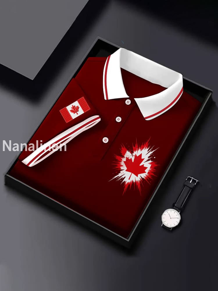 Men’s Canadian Flag Maple Leaf Print Casual Top Wine Red / S
