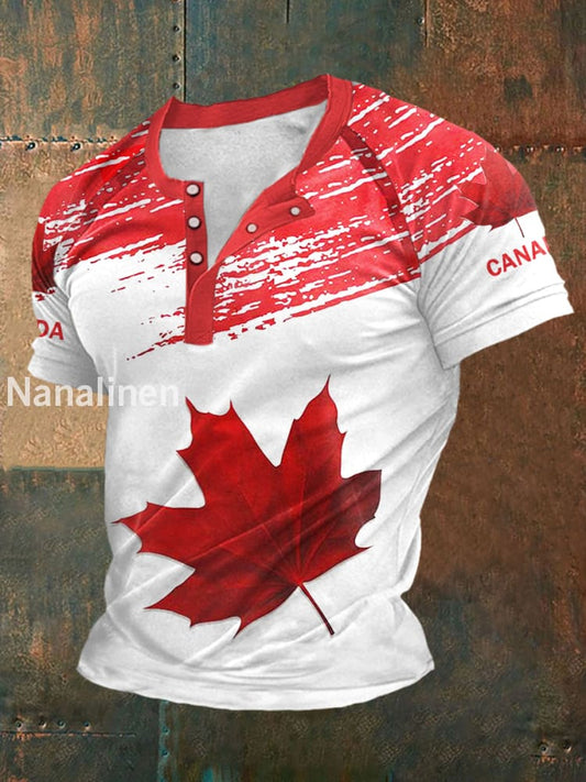 Men’s Canadian Maple Leaf Print Casual Buttons Tee Red / S
