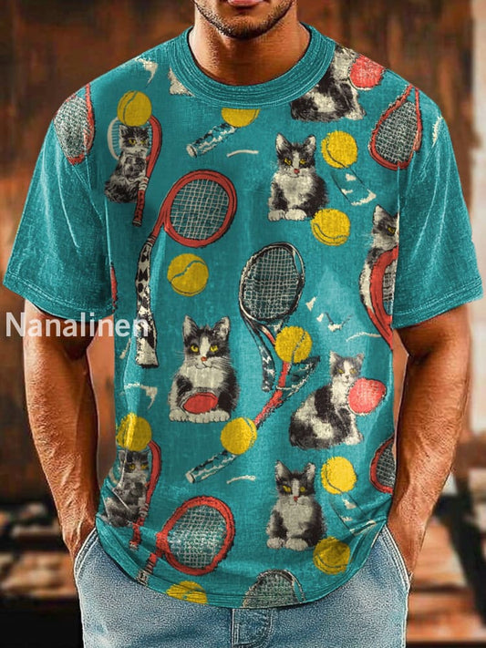 Men`s Cats Play Tennis Abstract Art Print Design T-Shirt Colorful / S