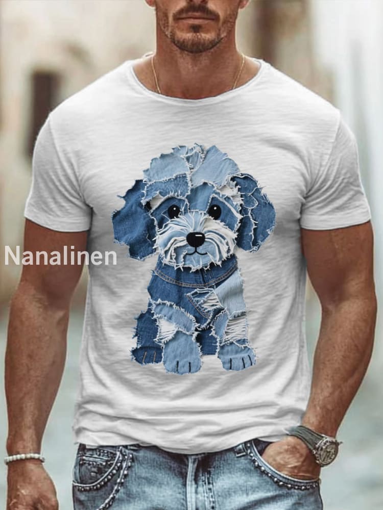 Men’s Cute Dog Patchwork Art T-Shirt White / S