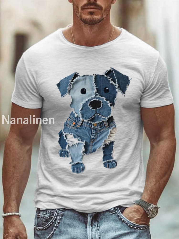 Men’s Cute Dog Patchwork Art T-Shirt White / S