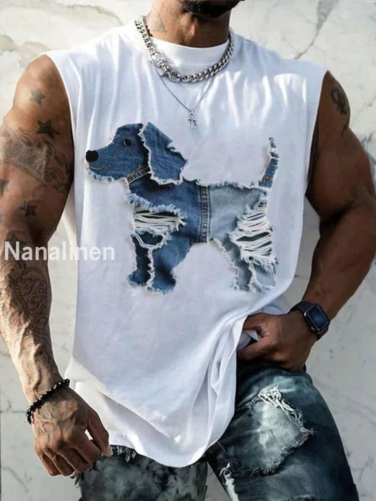 Men’s Cute Dog Patchwork Art Tank Top White / S