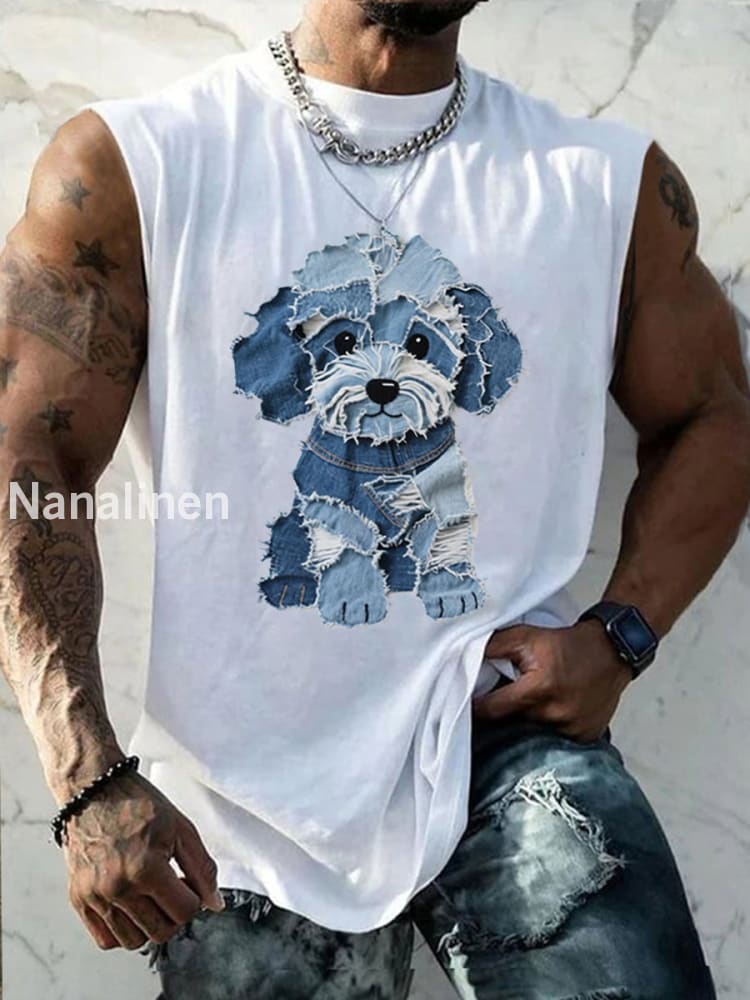 Men’s Cute Dog Pattern Patchwork Art Tank Top White / S