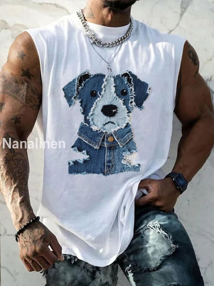 Men’s Cute Dog Pattern Patchwork Art Tank Top White / S