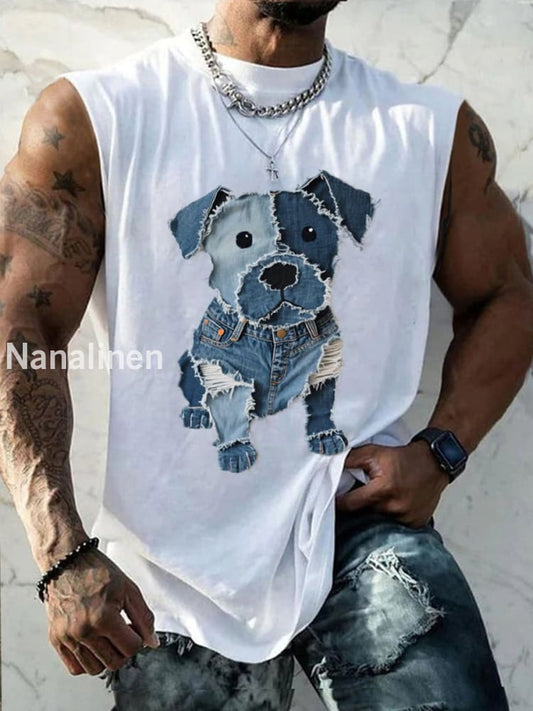 Men’s Cute Dog Pattern Patchwork Art Tank Top White / S